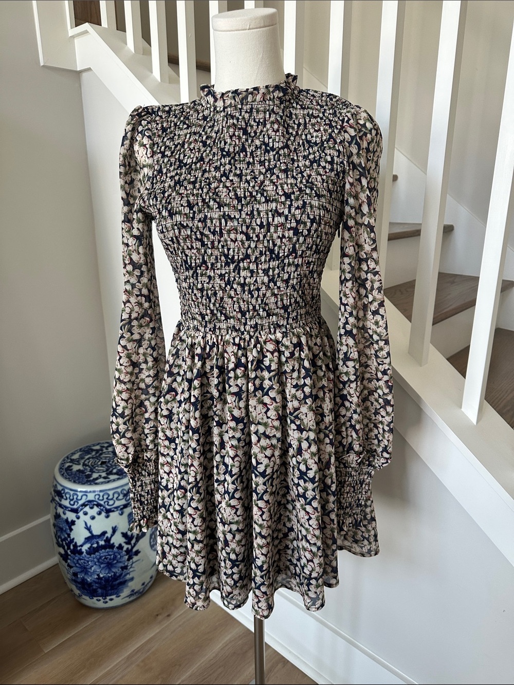 Lulu's Navy Floral Smocked Long-Sleeve Mini Dress